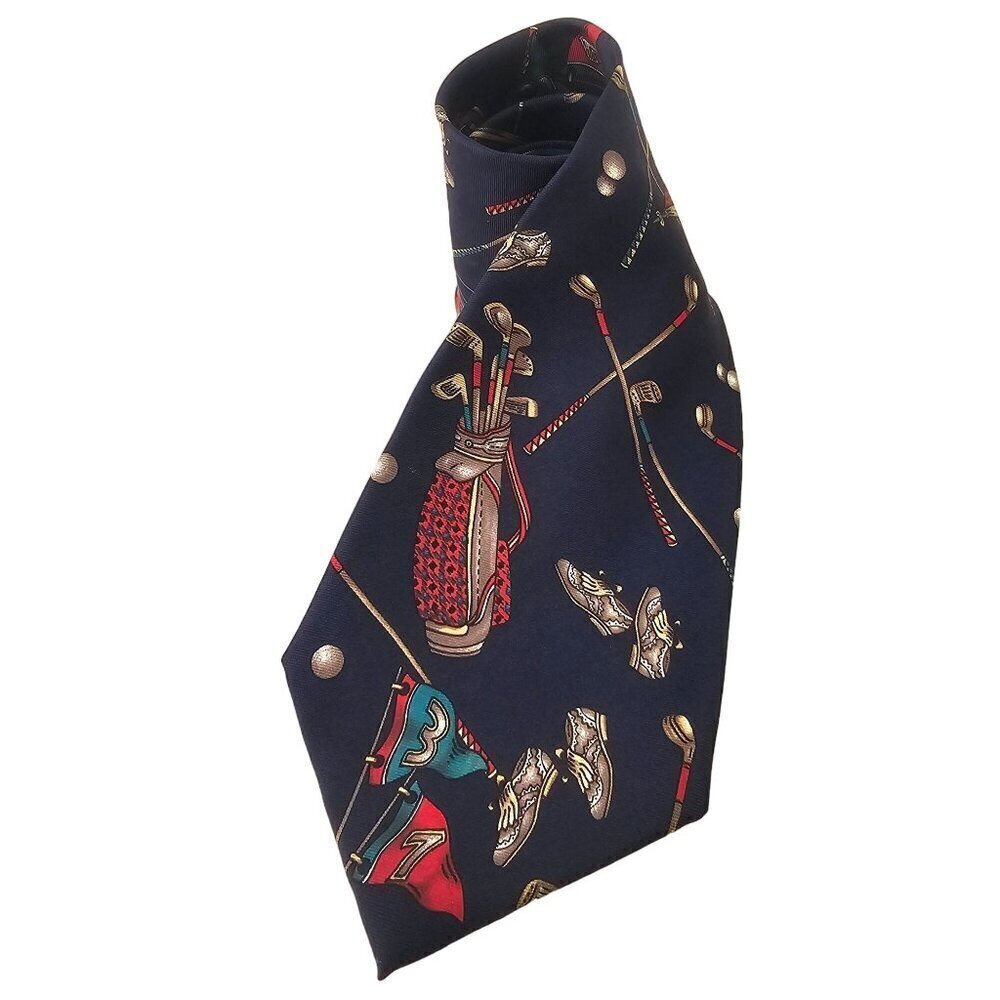 60s 70s Prestige Silk Tie Golf Theme Red White Blue on Navy Wide 4 x 56